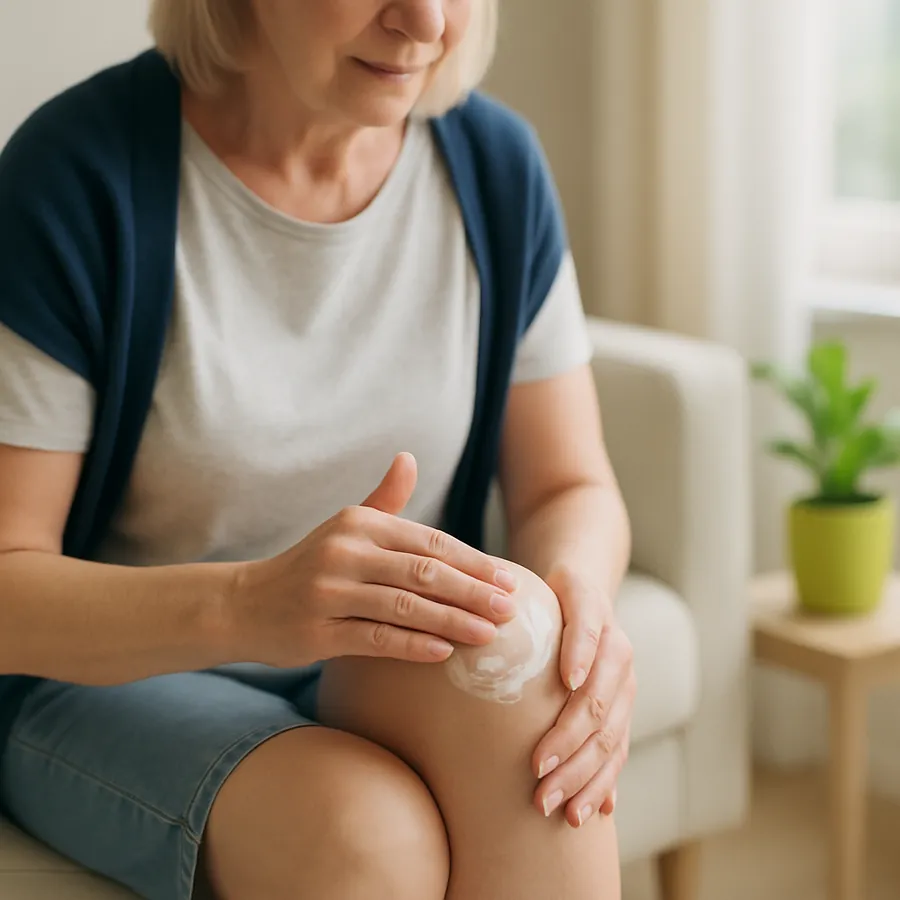 Hände massieren Arthrovia Creme mit kreisenden Bewegungen in das Knie ein